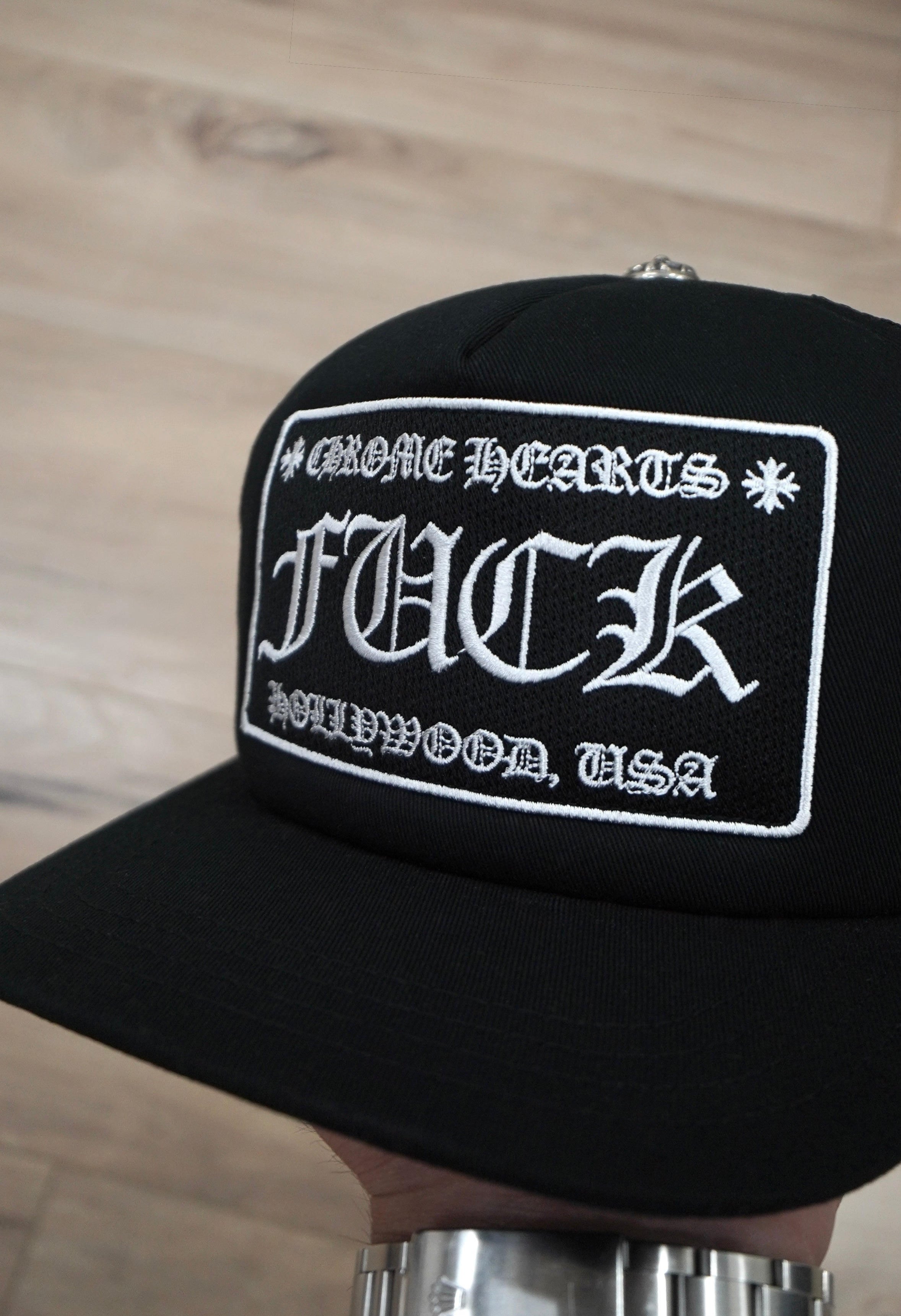 Chrome Hearts FUCK Hollywood Black Trucker Hat