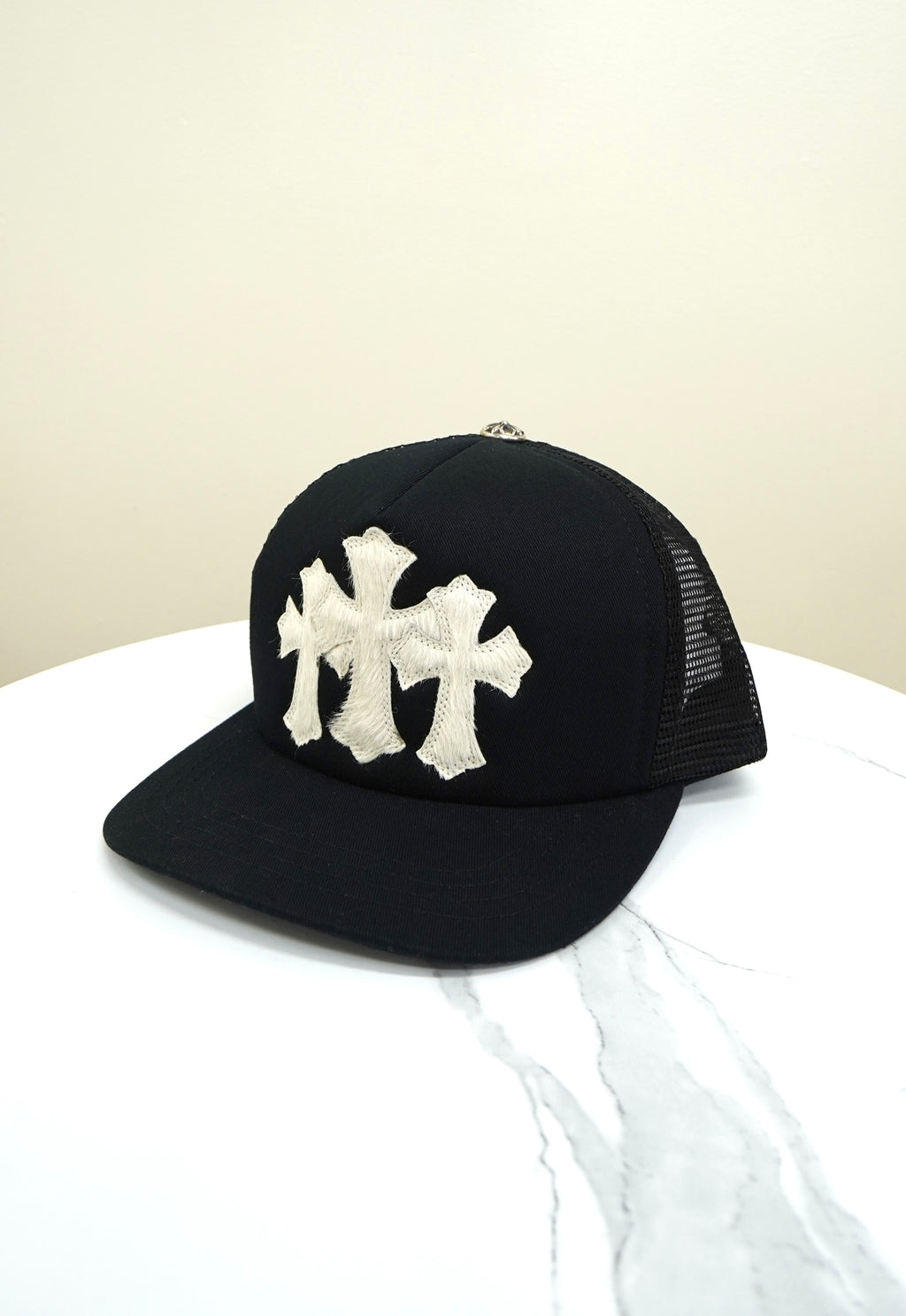 Chrome Hearts White Pony Hair Cemetery Cross Trucker Hat