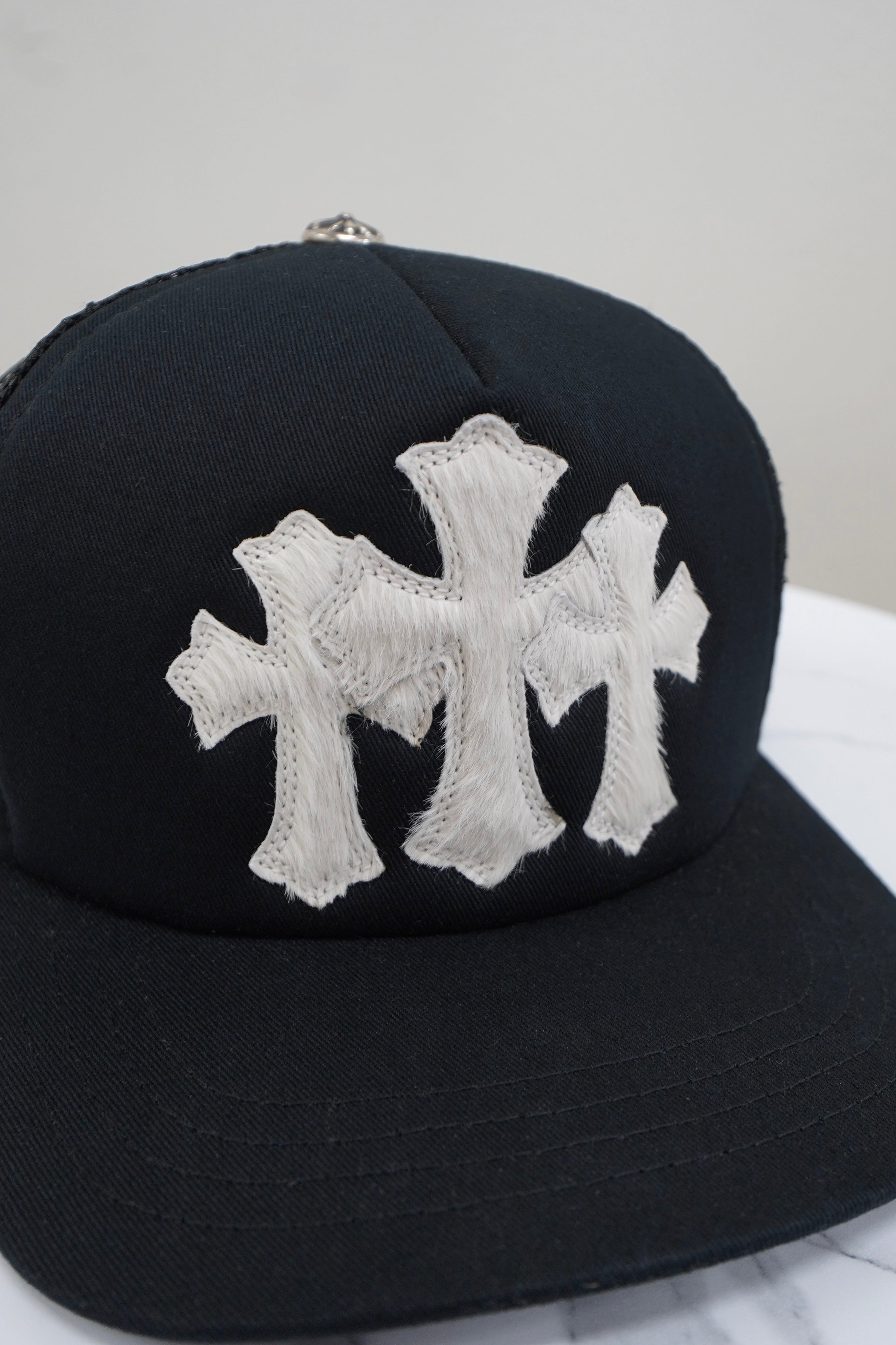 Chrome Hearts White Pony Hair Cemetery Cross Trucker Hat