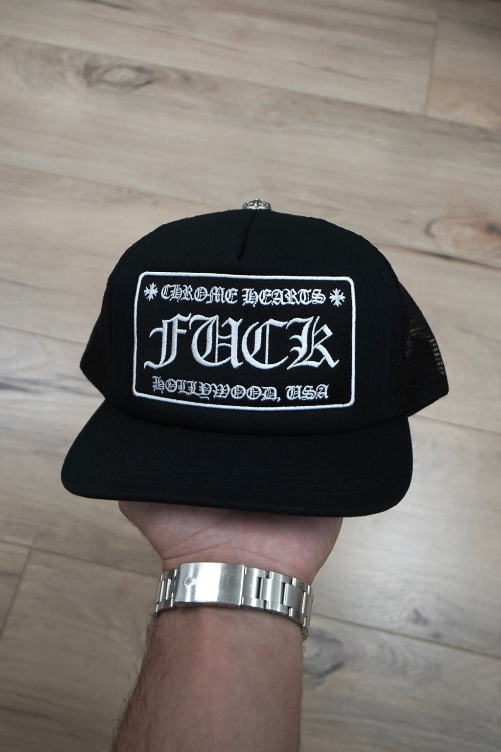 Chrome Hearts FUCK Hollywood Black Trucker Hat