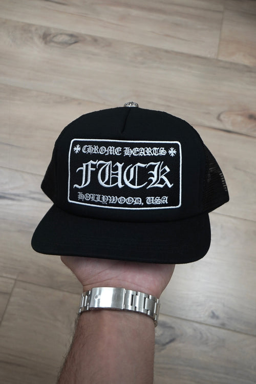 Chrome Hearts FUCK Hollywood Black Trucker Hat