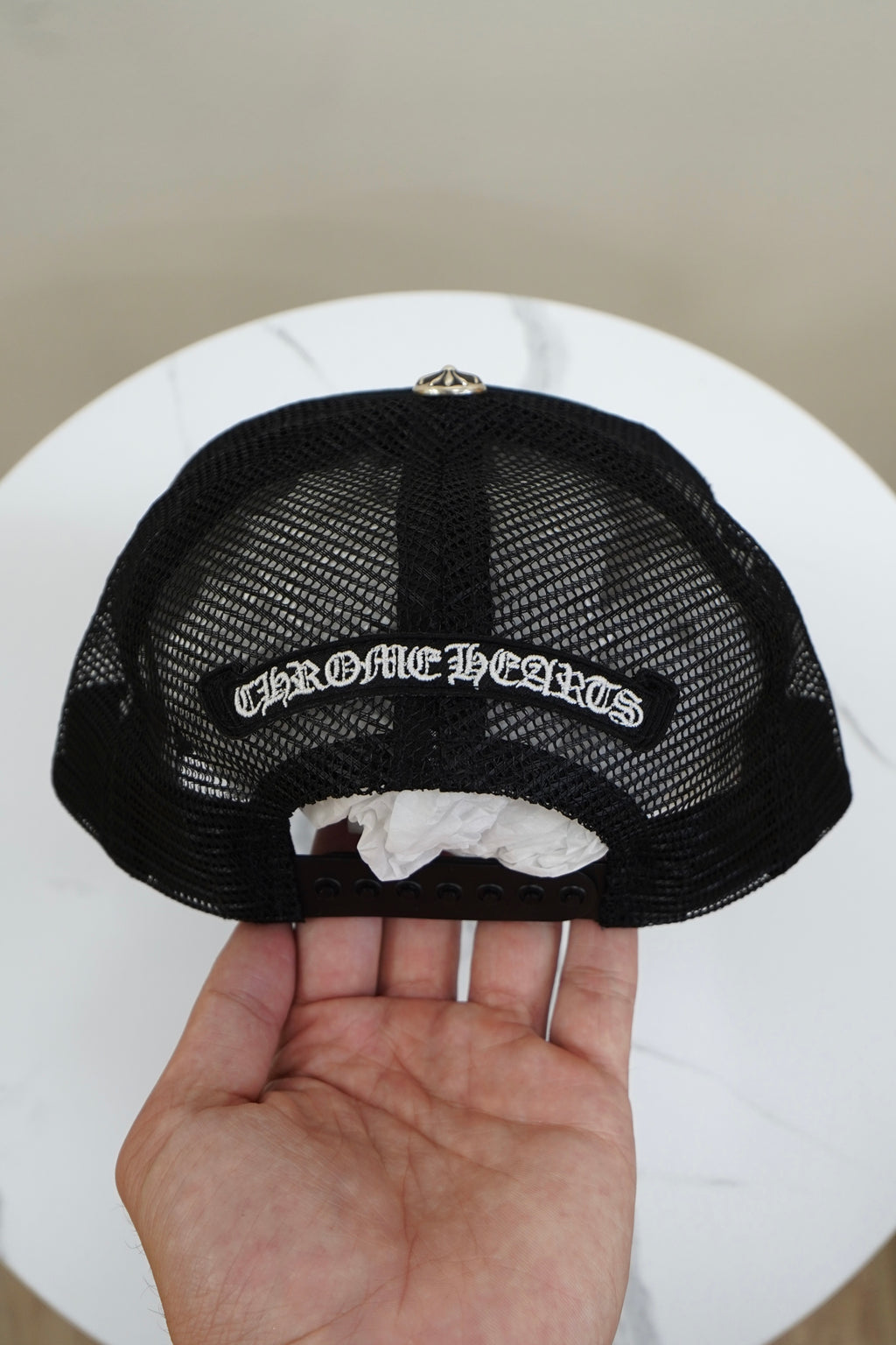 Chrome Hearts White Pony Hair Cemetery Cross Trucker Hat
