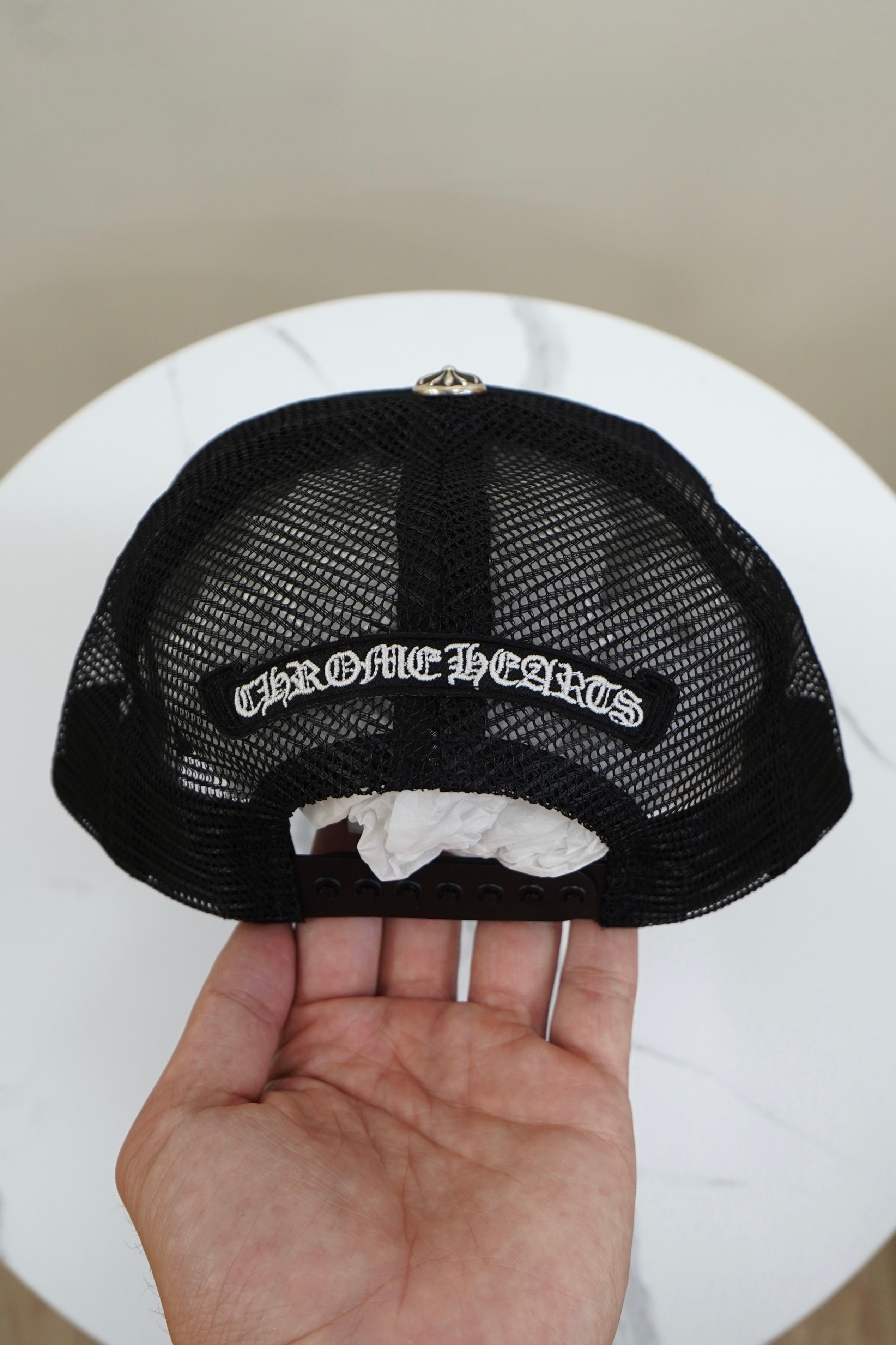 Chrome Hearts White Pony Hair Cemetery Cross Trucker Hat